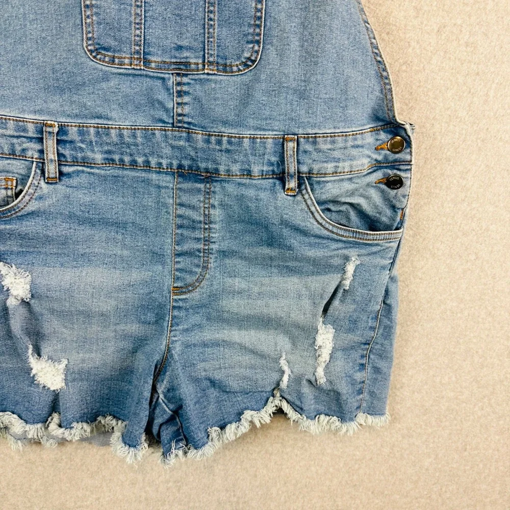 Venus Womans Sz 14 Shortalls Denim Shorts Overalls Blue Pockets Distressed